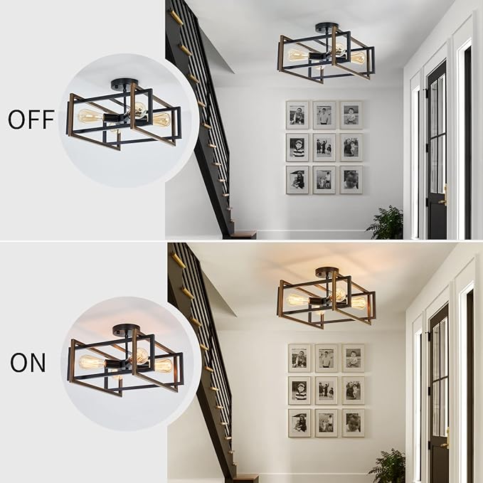 Industrial Flush Mount Ceiling Light Fixture, 4-Light Modern Metal Square Farmhouse Black Retro Close to Ceiling Lights Sloped Chandelier Lighting for Bedroom Hallway Living Room Kitchen Foyer