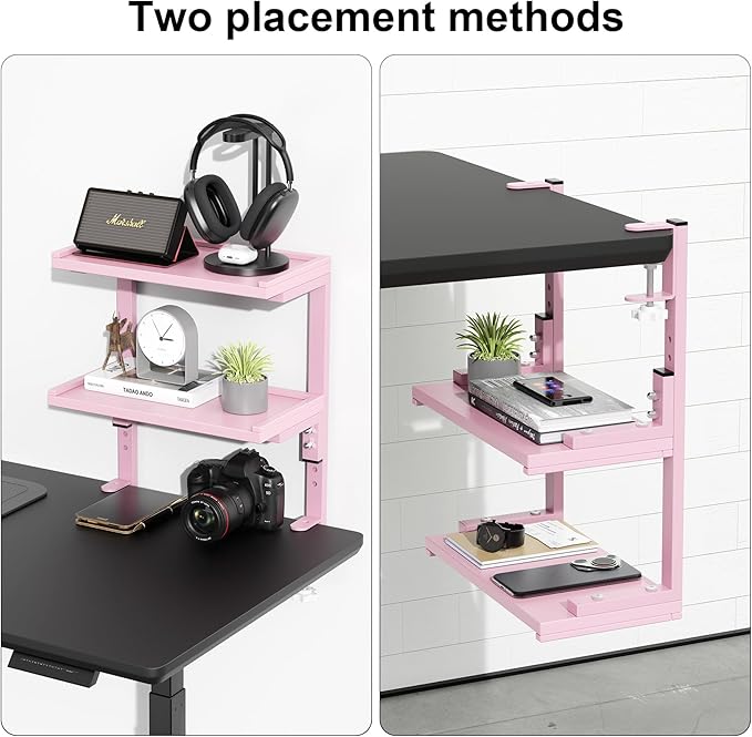 2-Tier Desk Shelf, Expandable Under Desk Storage, Clamp on Desk Shelf, Desktop Accessories for Offices, Study Rooms, and Game Rooms (Pink)