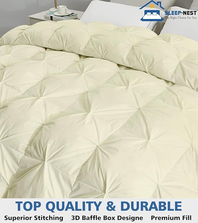 SLEEP-NEST All Season Luxury - Full Size Comforter 82x86 - Down Alternative 1 Piece Pinch Pleat Quilt with 8 Tabs - Ultra Soft, Lightweight Hotel Style Breathable Bedding, Pintuck Blanket - Ivory