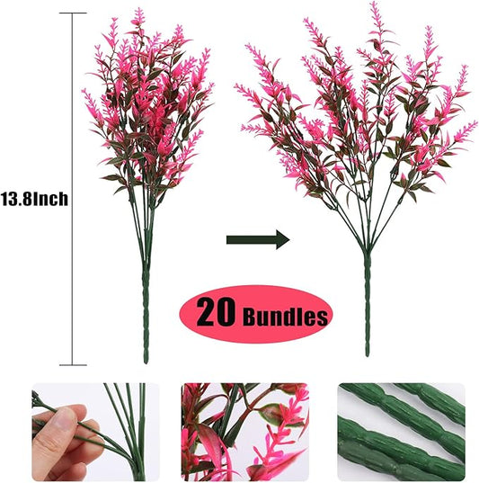 Artificial Plants Outdoor Artificial Lavender Flowers 20 Bundles Outdoor UV Resistant Fake Flowers No Fade Faux Plastic Plants Garden Porch Window Box Decorating,Spring Decorations for Home(Pink)