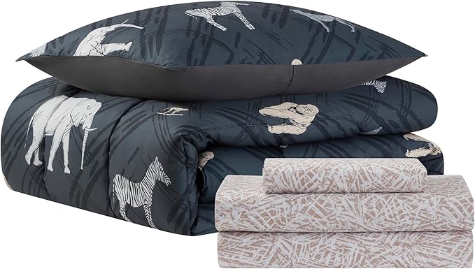 Kids Bedding Set Bed in a Bag for Boys and Girls Toddlers Printed Sheet Set and Comforter, Twin, Safari