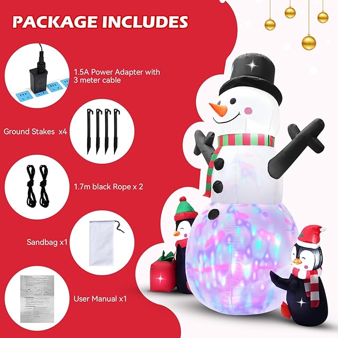 6 FT Christmas Inflatable Snowman Outdoor Decoration with Build-in Multicolor LEDs, Snowman with 2 Penguins Gift Blow Up Inflatables Christmas for Yard Garden Lawn Xmas Holiday Decor