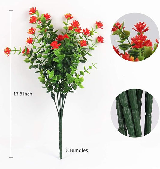 RECUTMS Artificial Flowers Outdoor Fake Flowers,8 Bundles Outside Face Mums Fake Summer Greenery UV Resistant No Fade Faux Plastic Lotus Shrubs Home Garden Porch Patio Decoration Office (Orange Red)