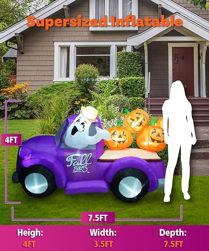7.5FT Length Halloween Inflatable Hayride Truck with Ghost & 4 Halloween Pumpkins Decoration, Halloween Blow up Car Inflatable Built-in 10 LEDs for Halloween Inflatables Outdoor Decoration