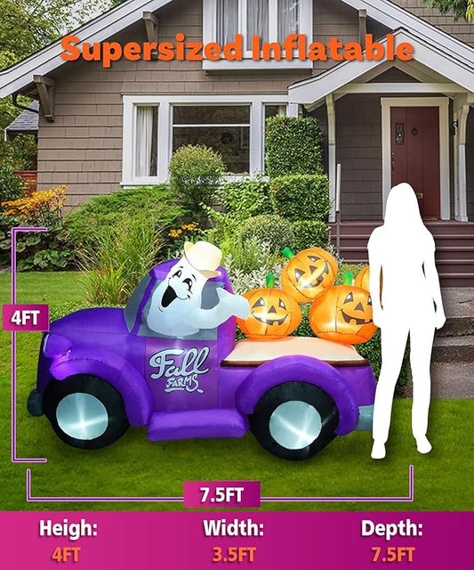 7.5FT Length Halloween Inflatable Hayride Truck with Ghost & 4 Halloween Pumpkins Decoration, Halloween Blow up Car Inflatable Built-in 10 LEDs for Halloween Inflatables Outdoor Decoration