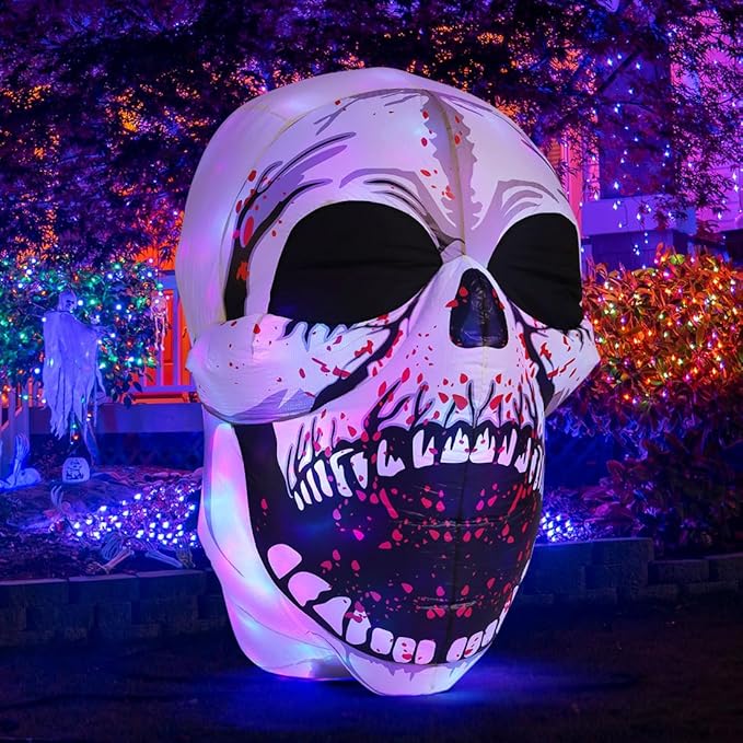 GOOSH 4 FT Halloween Inflatables Skull Outdoor Decorations Blow Up Yard Scary Colorful Dimming Skull with Built-in Magic LEDs for Garden Lawn Indoor Party Decor