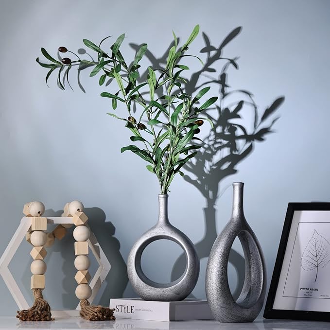 Vintage Silver Ceramic Vase Set 2,Modern Hollow Circle with Hole Flower Vase for Home Decor,for Table Centerpieces,Farmhouse,Fire Place,Living Room,Bedroom,Office,Bookshelf,Rustic Decor