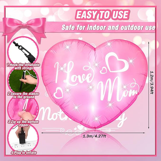 VIHOSE 3.9 Ft Mother's Day Inflatables Decoration I Love Mom Blow Up Decor Heart LED Lights Inflatable Decor for Outdoor Yard Garden Lawn Decoration Mom Gifts Party Supplies
