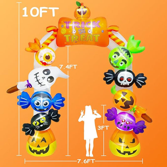 Kalolary 10FT Tall Halloween Inflatables Archway Candy Ghost, Giant Halloween Outdoors Decoration Pumpkin Arch Blow Up Yard Decorations with Build-in Lights for Yard Garden Lawn Indoor Outdoor Decor