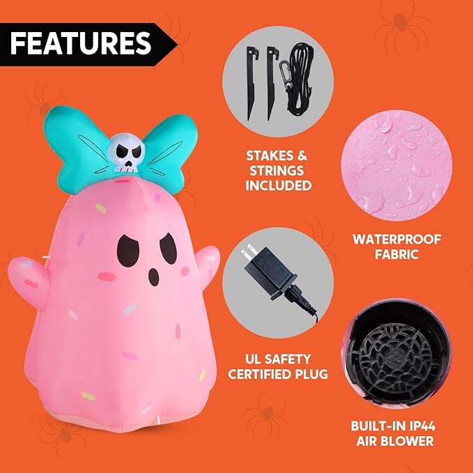 Joiedomi 5ft Tall Halloween Inflatable Ghost Outdoor Decorations, Cute Pink Ghost Blow Up Yard Decorations with Bowknot and LED Light for Halloween Decor, Garden Lawn Indoor Outdoor Party Decor