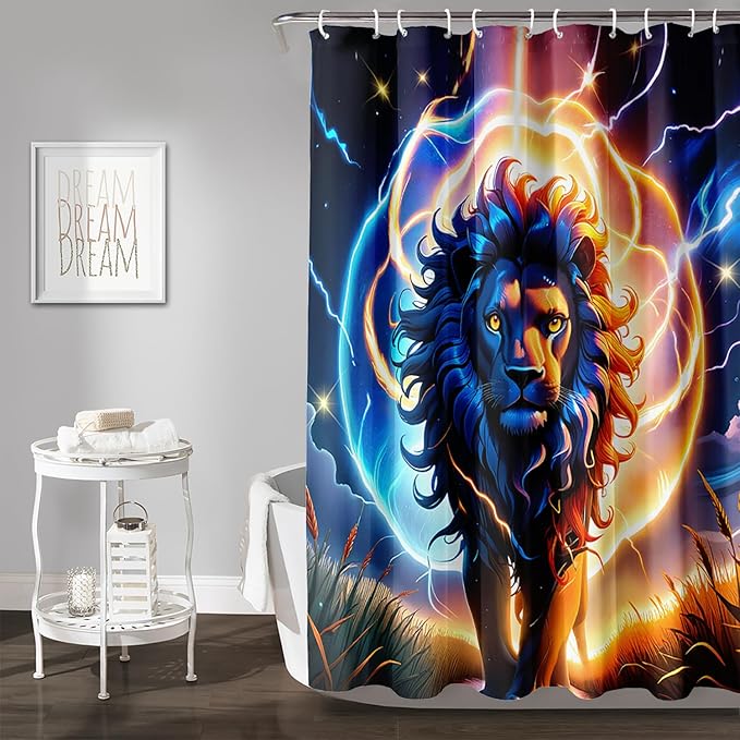 AILONEN 3D Lion Shower Curtain for Bathroom,Gold Halo Lightning Lion Printed Bath Curtain,Boys Teen Kids Running Lion Decoration Shower Curtain Waterproof 60" W*72" H