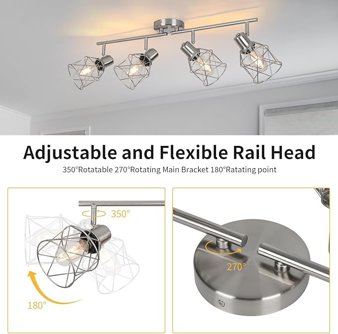 WILON Ceiling Lighting Fixtures,4 Way Track Light Fixture,4 Ceiling Spotlight,Kitchen Island Lighting Semi Flush Mount,Kitchen Track Lighting Flexibly Rotatable Light Head,E26 Base