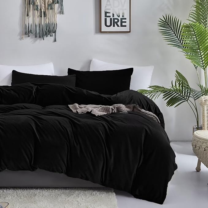 Cottonight Velvet Comforter Set Queen Black Flannel Bedding Comforter Set Dark Color All Black Plush Fluffy Blanket Quilts Modern Winter Warm Thick 3 Piece Soft Solid Black Bedding Set for Women Men