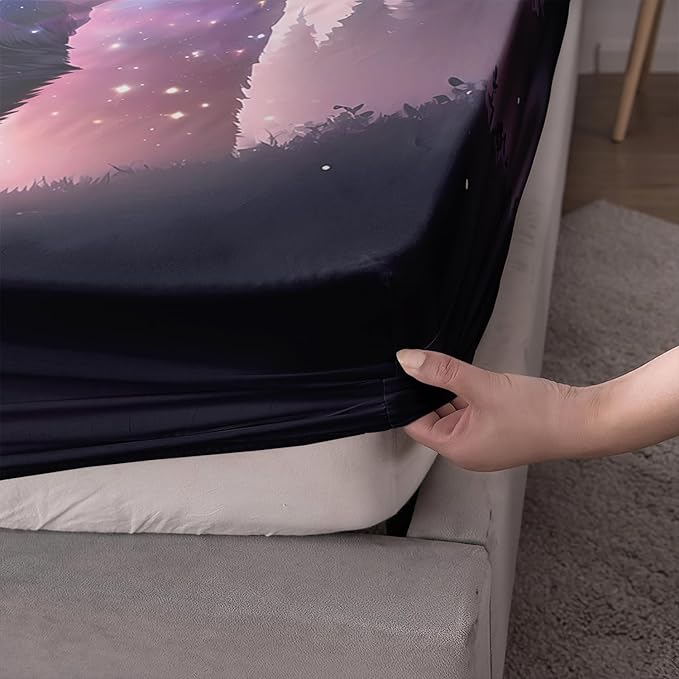 AILONEN Bear Fitted Sheet Set Twin XL Size, Evening Starry Sky Forest Bear Bed Sheet Set Decor,Animal Bear Wildlife Fitted Sheet and 2 Pillowcases,3 Pieces
