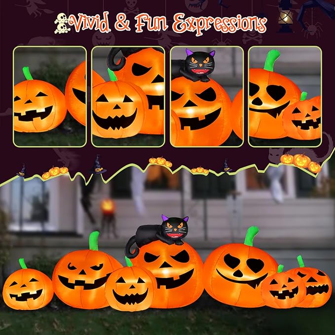 8FT Long Halloween Inflatable Decoration 7 Pumkins with Black Cat with LED Lights Blow Up Inflatable for Halloween Outdoor Indoor Garden Yard Lawn Deco