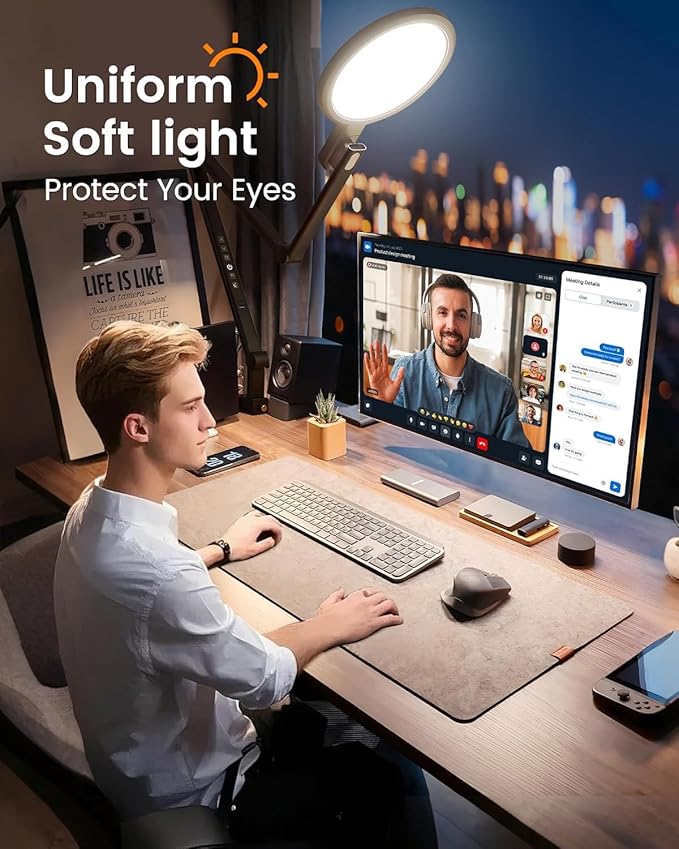 1200LM Desk Lamp with Clamp, Eye Care Desk Lights for Home Office with USB Charging Ports, Flexible Ring Light with Swing Arm for Video Conference Zoom Streaming