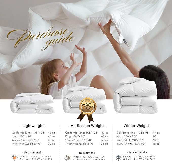 Royoliving Premium Feathers Down Duvet Insert Comforter Queen Size Heavyweight Thickened Winter White 100% Cotton Cover with Corner Tabs (90x90, 60 oz)