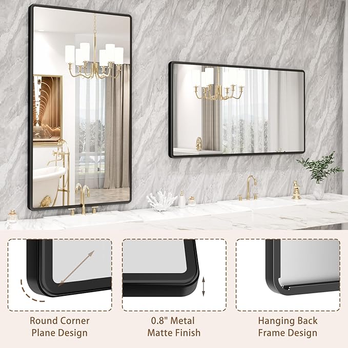 New Upgrade 55X30 Inch Wall Mounted Bathroom Mirror, Black Metal Frame Rounded Rectangle Mirror, Bathroom Vanity Mirror with Tempered Glass for Washroom Bedroom Living Room
