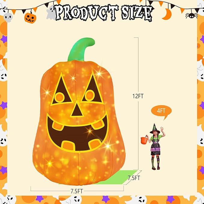 12FT Giant Halloween Inflatable Pumpkin, Blow up Halloween Decoration Built-in 6 LED and Flashing Light for Halloween Decoration Outdoor Indoor Home Party Supplies Halloween Lawn Decor