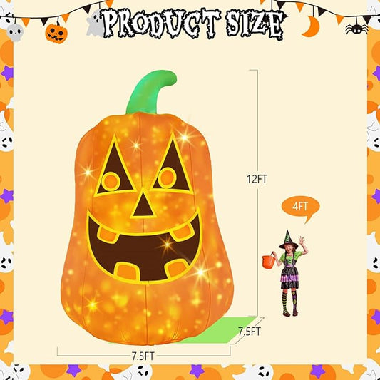 12FT Giant Halloween Inflatable Pumpkin, Blow up Halloween Decoration Built-in 6 LED and Flashing Light for Halloween Decoration Outdoor Indoor Home Party Supplies Halloween Lawn Decor