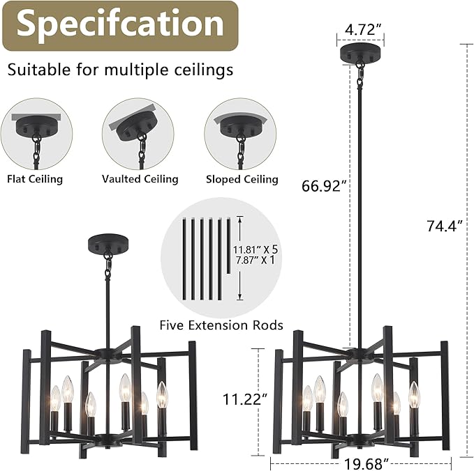 19.7'' Black Chandeliers 6-Light Modern Geometric Dining Room Chandelier Farmhouse Industrial Metal Pendant Light Fixture for Kitchen Living Room Entryway Foyer Hallway Bedroom