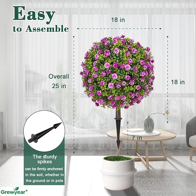 Artificial Topiary Ball with Ground Spike Set of 2, Faux Boxwoods for Outdoor Planters, UV Resistant Artificial Outdoor Plants for Porch, Fake Bushes Round Flower Shrub with Purple Rose