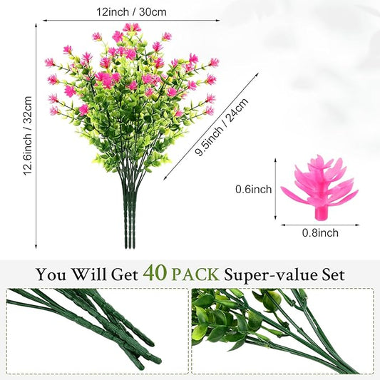 Hoteam 50 Bundles Outdoor Artificial Flowers Plants UV Resistant Outside Faux Flowers Plastic Fake Plants Outdoor Summer Fall Seasons Decoration Shrubs Garden Porch Box, Rose red