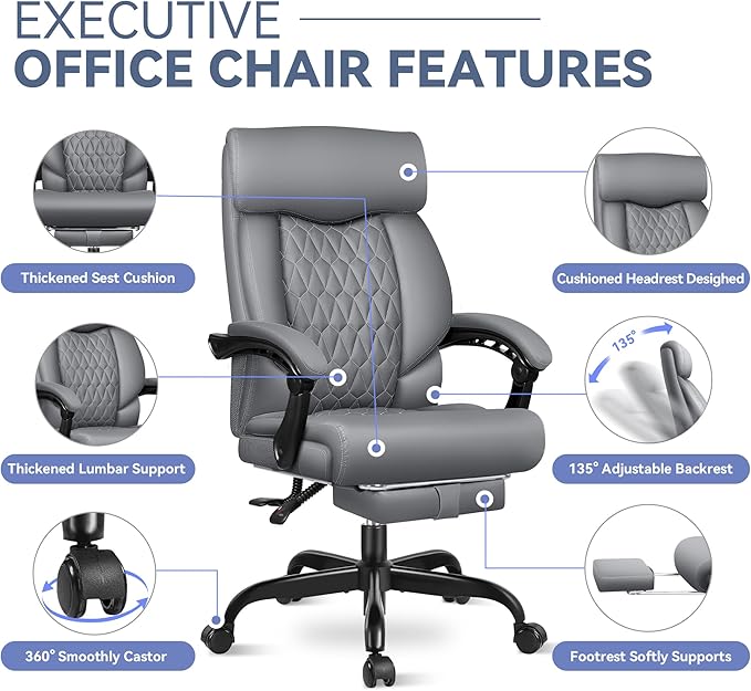 Big and Tall Reclining Executive Leather Office Desk Chair with Footrest and Lumbar Support
