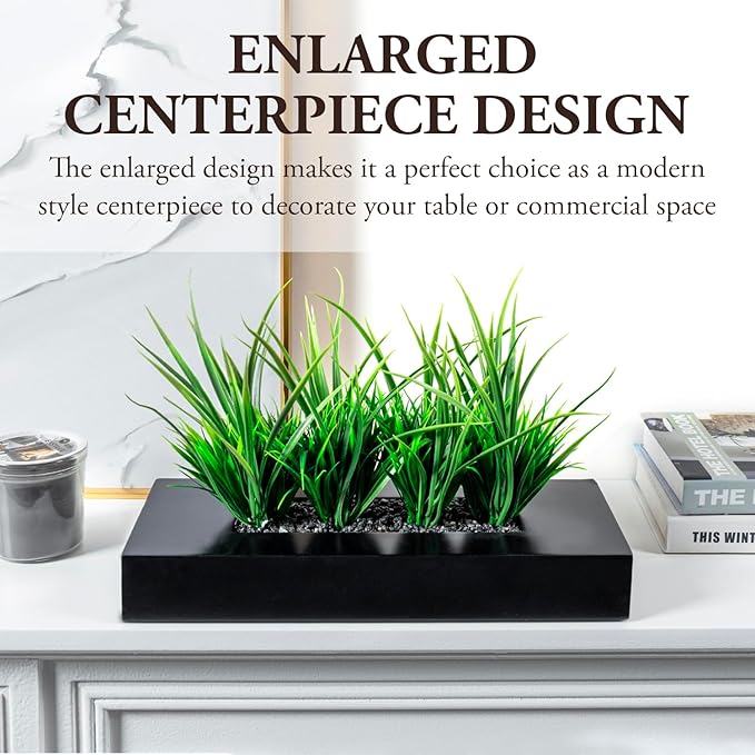 MyGift Large Artificial Green Grass Plants Potted in 14-Inch Matte Black Wood Decorative Planter, Tabletop Faux Greenery in Wooden Rectangular Pot Centerpiece Décor