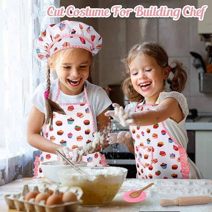 Vanmor Cute Kids Cooking and Baking Sets, 24 Pcs Kids Aprons for Girls Toddler Chef Hat Apron Dress Up Chef Costume, Little Girl Apron Sets Pretend Gifts for 3 4 5 6 7 8 Years Old Girls