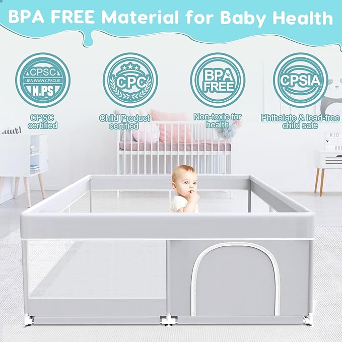 Baby Playpen, 50x50 Inch Baby Playard for Babies and Toddlers, Play Pens for Indoor & Outdoor, Sturdy Safety Play Yard with Soft Breathable Mesh, Anti-Fall, Grey