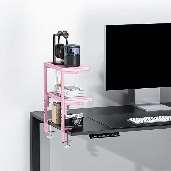 2-Tier Desk Shelf, Expandable Under Desk Storage, Clamp on Desk Shelf, Desktop Accessories for Offices, Study Rooms, and Game Rooms (Pink)