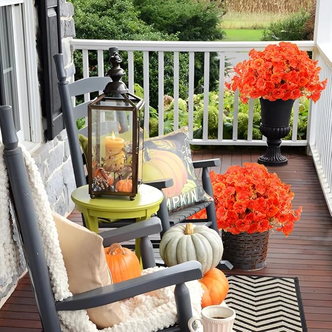 Artificial Fall Flowers Fake Plants for Outdoor Autumn Decoration, 12 Bundles Silk Orange Morning Glory UV Sun Resistant Realistic Faux Flowers for Window Box Porch Patio Yard Balcony (Fall Plants)