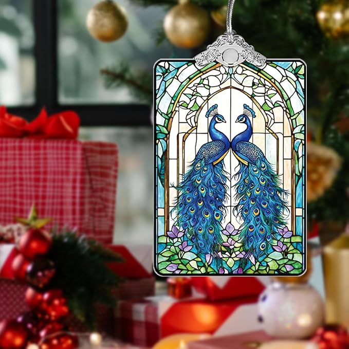 Peacock Stained Glass 2025 Christmas Ornament, Elegant Bird Hanging Decoration for Christmas Tree, Gift Exchange or Stocking Stuffer, 3.8 x 2.4 Inch