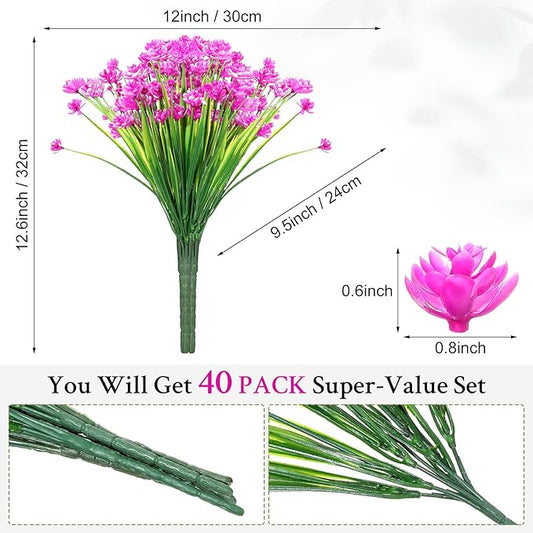 Hoteam 40 Bundles Outdoor Artificial Flowers Plants UV Resistant Outside Faux Flowers Plastic Fake Plants Outdoor Summer Fall Four Seasons Decoration Shrubs Garden Porch, Purple Red