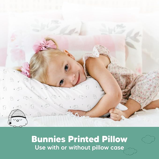 2-Pack Toddler Pillow - Soft Organic Cotton Toddler Pillows for Sleeping - 13X18 Small Pillow for Kids - Kids Pillows for Sleeping - Kids Pillow for Travel, School, Nap, Age 2 to 5 (Bunnies)