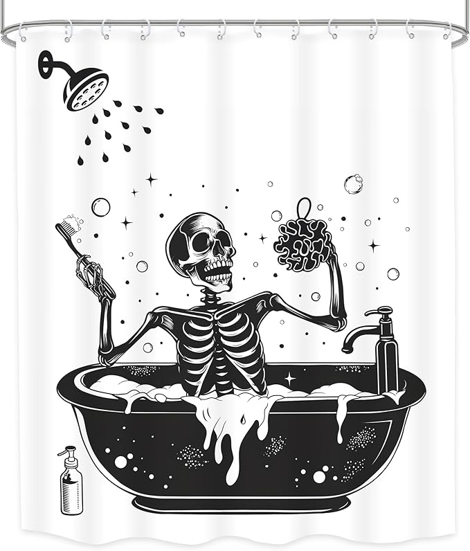 LGhtyro Funny Skull Halloween Shower Curtain Bathroom Set 60Wx71H Inches Black White Gothic Skeleton Bathing in Bathtub Spooky Cool Bath Accessories for Men Boys Art Home Decor Fabric 12 Pack Hooks