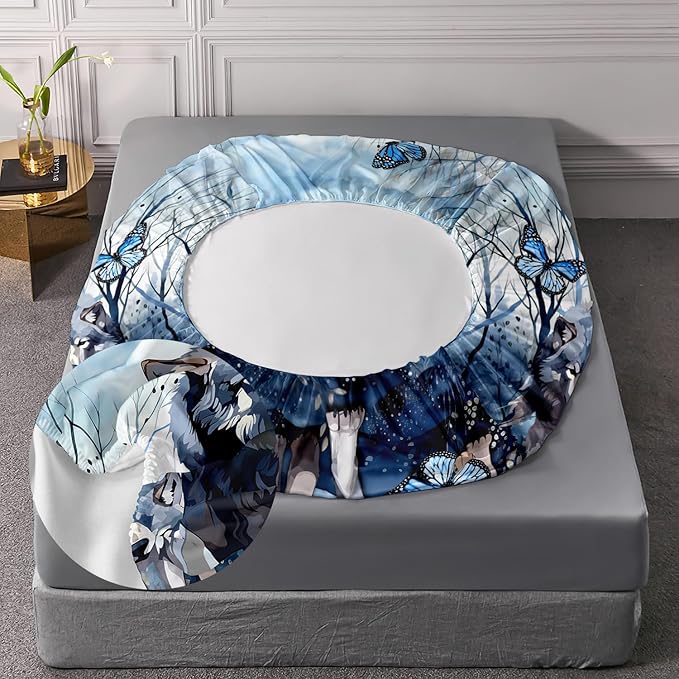 AILONEN Wolf Fitted Sheet Set Twin XL Size for Boys Girls Animal Wolf Wildlife Bed Sheet Set,Tie Dye Wolf Fitted Sheet with 2 Pillowcases,3 Pieces Safari Wolves Print Bed Sheet Set