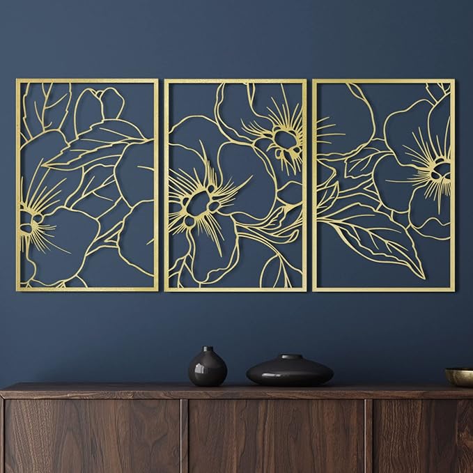 Vivegate Gold Minimalist Floral Single Line Metal Wall Art Decor - 18"X12" 3 Packs Gold Floral Abstract Minimalist Lines Wall signs for Hanging home wall decor