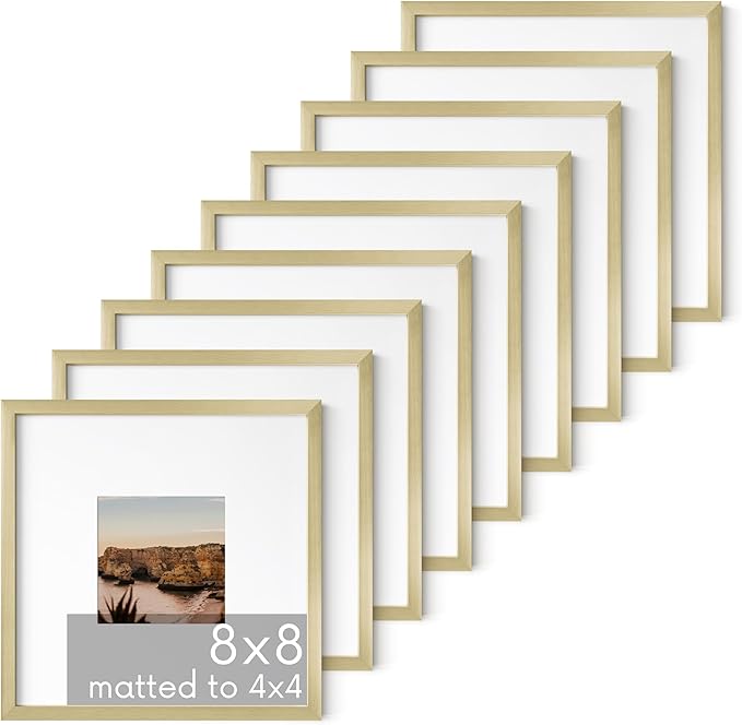 HAUS AND HUES 8x8 Gold Metal Picture Frames Matted to 4x4 - Features Premium Aluminum & Hanging Hardware, Shatterproof Plexiglass - Ideal for Home, Room, Office (8x8 in, Gold, Set of 9)