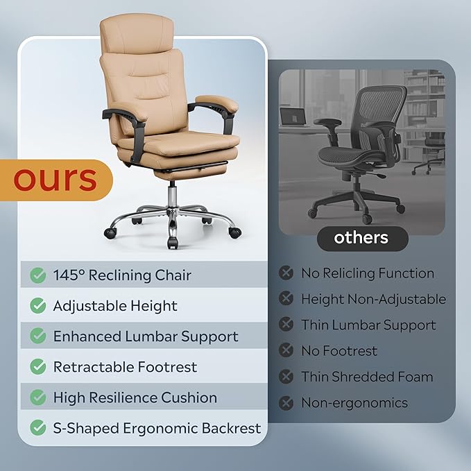 DEVAISE Executive Leather Home Office Chair with Footrest, High Back and Heavy Duty, Comfortable Big and Tall Ergonomic Desk Chair with Lumbar Support, Comfy Reclining, SGS Class 4 Gas Lift, Brown