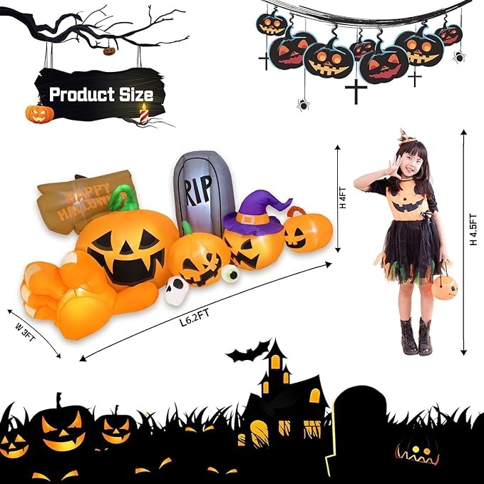 Garma Halloween Inflatables Outdoor Decorations, Long Inflatable Blow Ups Yard Decoration Pumpkin with Build-in LEDs, Gravestone and Witch Hat for Halloween Party Indoor, Lawn, Garden Decor