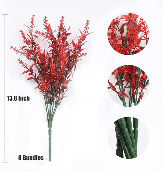 RECUTMS Artificial Outdoor Flowers, 8pcs Faux Outdoor Plant Plastic Lavender Bouquet,UV Resistant Flowers,Spring Decor,Lifelike Natural Fake Plant to Brighten Up Your Home (Red)