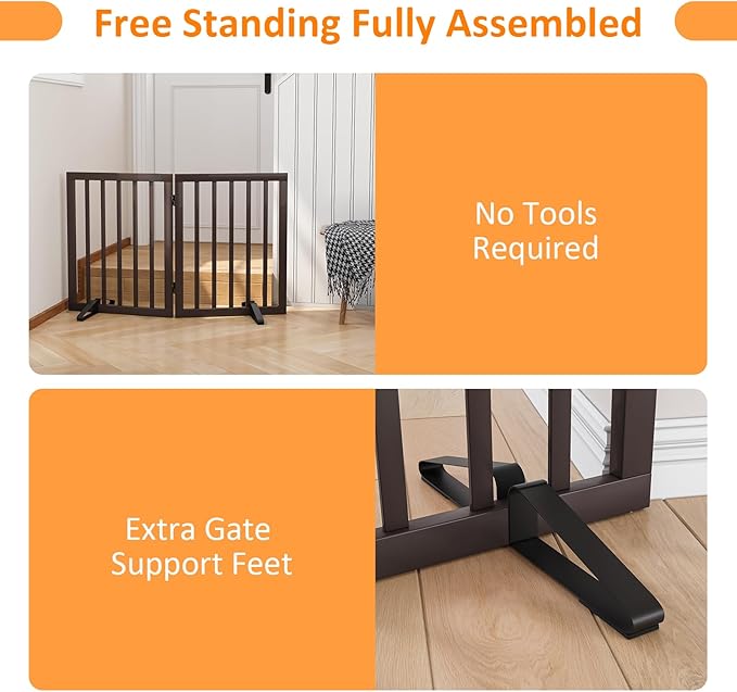 Freestanding Foldable Dog Gate 2 Panel,Fully Assembled Dog Gates for Doorways, Wooden Pet Gates for The House, 24-inch Tall Pet Gate Indoor