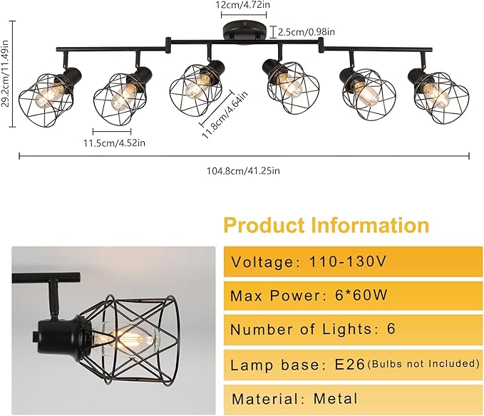 WILON Track Lighting Kit 6 Way Ceiling Spotlight-Industrial Flush Mount Ceiling Light Black Kitchen Ceiling Light Fixtures Kitchen Track Lighting Flexibly Rotatable Light Head E26 Base