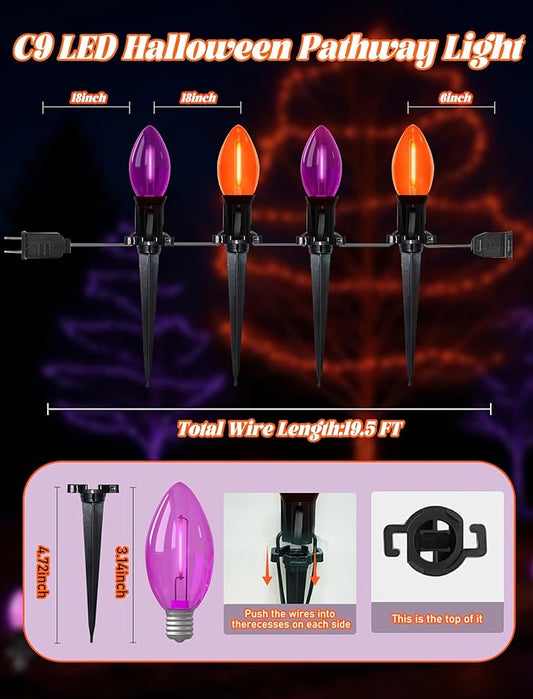 Halloween Pathway Lights, 10 Pack C9 LED Stake Lights with Purple & Orange Bulbs, 19.5ft Extendable Outdoor Walkway Lights for Garden, Yard, Driveway, Porch & Sidewalk Halloween Decorations