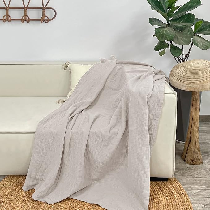 Lulu moon Muslin Blankets for Adults 55”x75” - Couch Throw Blanket for Boys - Light Weighted Muslin Quilt for Sofa and Bed (Ivory)