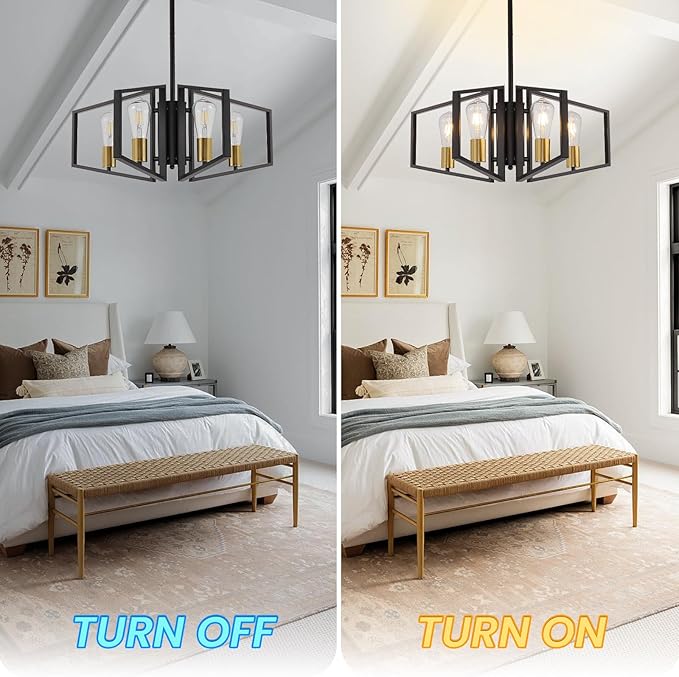 4-Light Black and Gold Chandelier, Lantern Geometric Ceiling Light Fixtures, Dining Room Light Fixtures Over Table, Modern Farmhouse Hanging Pendant Lights for Kitchen Island, Bedroom, Foyer, Entryway