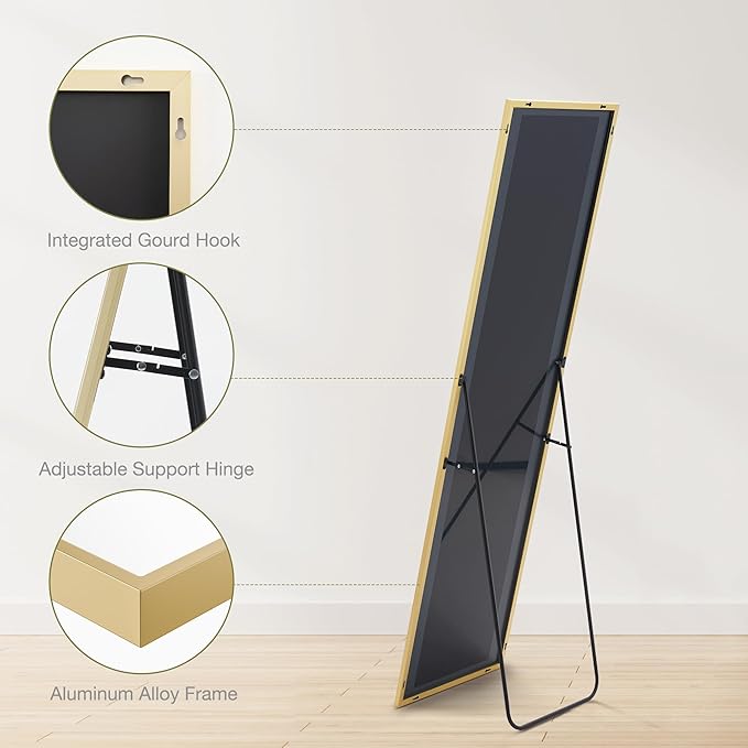 Sweetcrispy 59"x16" Full Length Mirror, Standing or Leaning Full Body Mirror with Aluminum Alloy Thin Frame, Suitable for Bedroom or Cloakroom,Gold