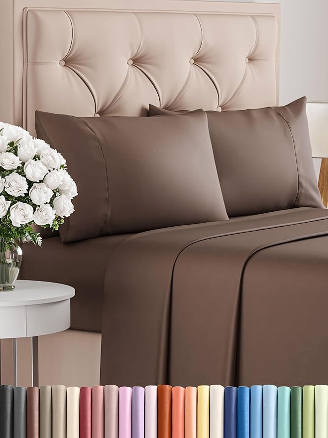 CGK Linens Twin XL 4 Piece Sheet Set - Cooling Sheets for Hot Sleepers - Hotel Luxury Bedding Set with 8-16 Inch Deep Pockets - 1 Flat & 1 Fitted & 2 Pillowcases - Soft, Comfy & Wrinkle Free - Brown
